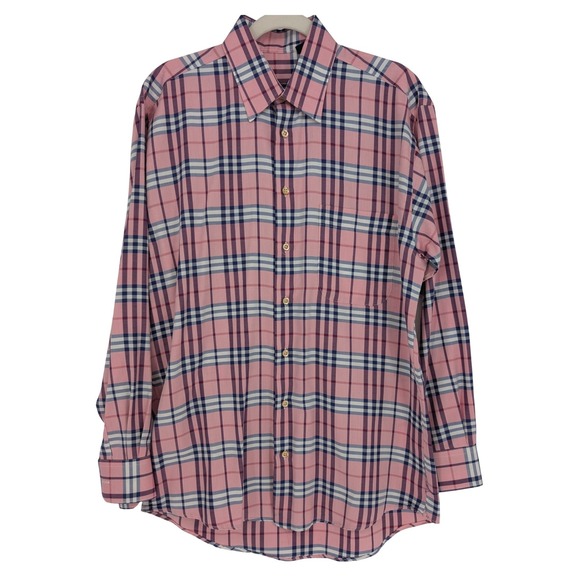 Burberry London Button Front Shirt Men M Pink Blue Nova Check Plaid Luxury Prep